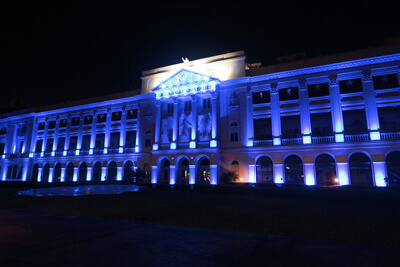 The Façade of La Salle Lit Up in Blue with LED Lighting